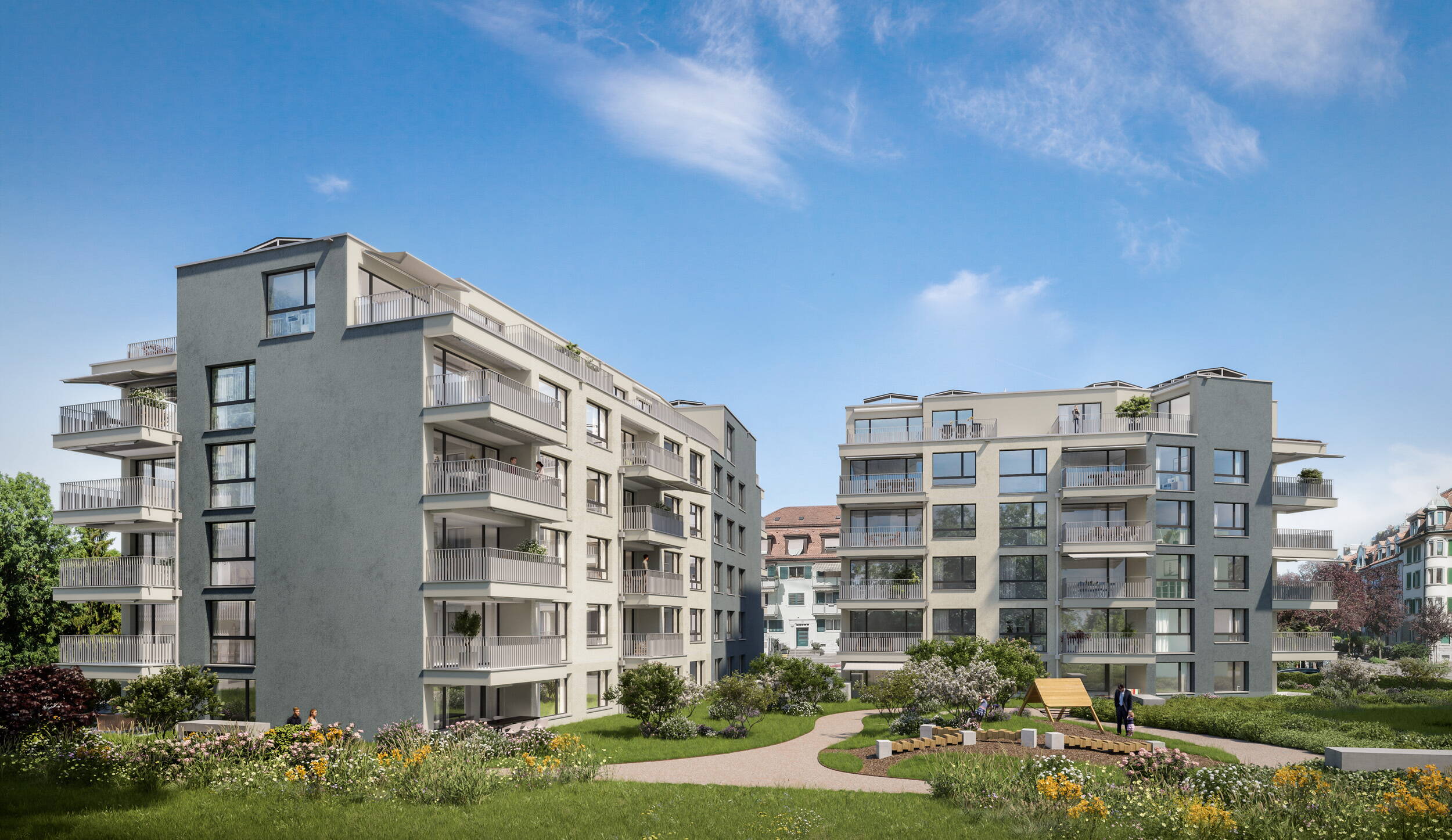 Sihlfeld Zürich Aussenansicht Spielplatz, Aussenvisualisierung, MotionPano, Immobilienvisualisierungen, virtueller Rundgang