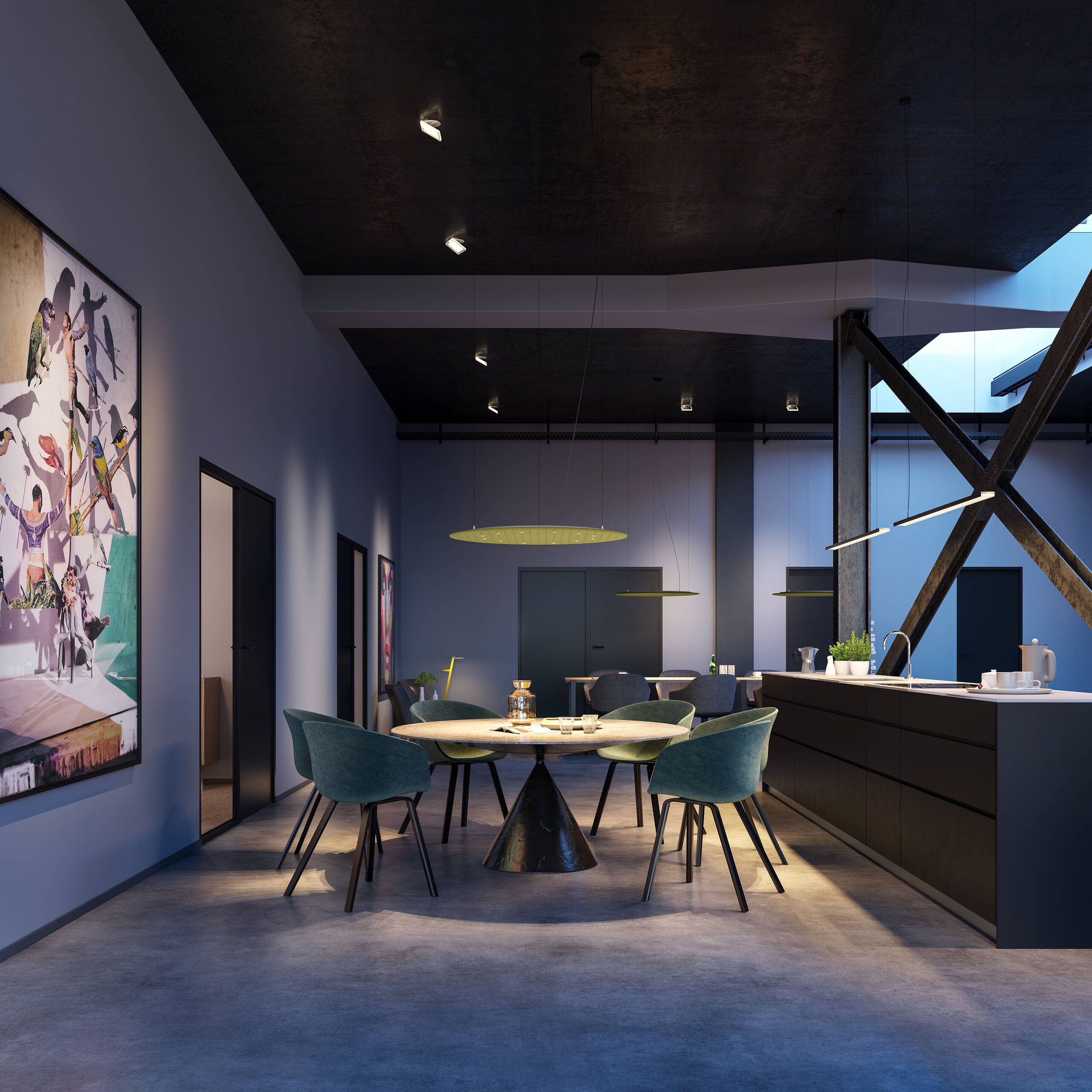 Produktvisualisierungen, Nimbus Lighting Pad, stimmungsvolle Lichtinseln, minimalistisches Pad, Schallabsorber, Innenvisualisierung, Raumbilder, 3D Rendering, virtueller Showroom