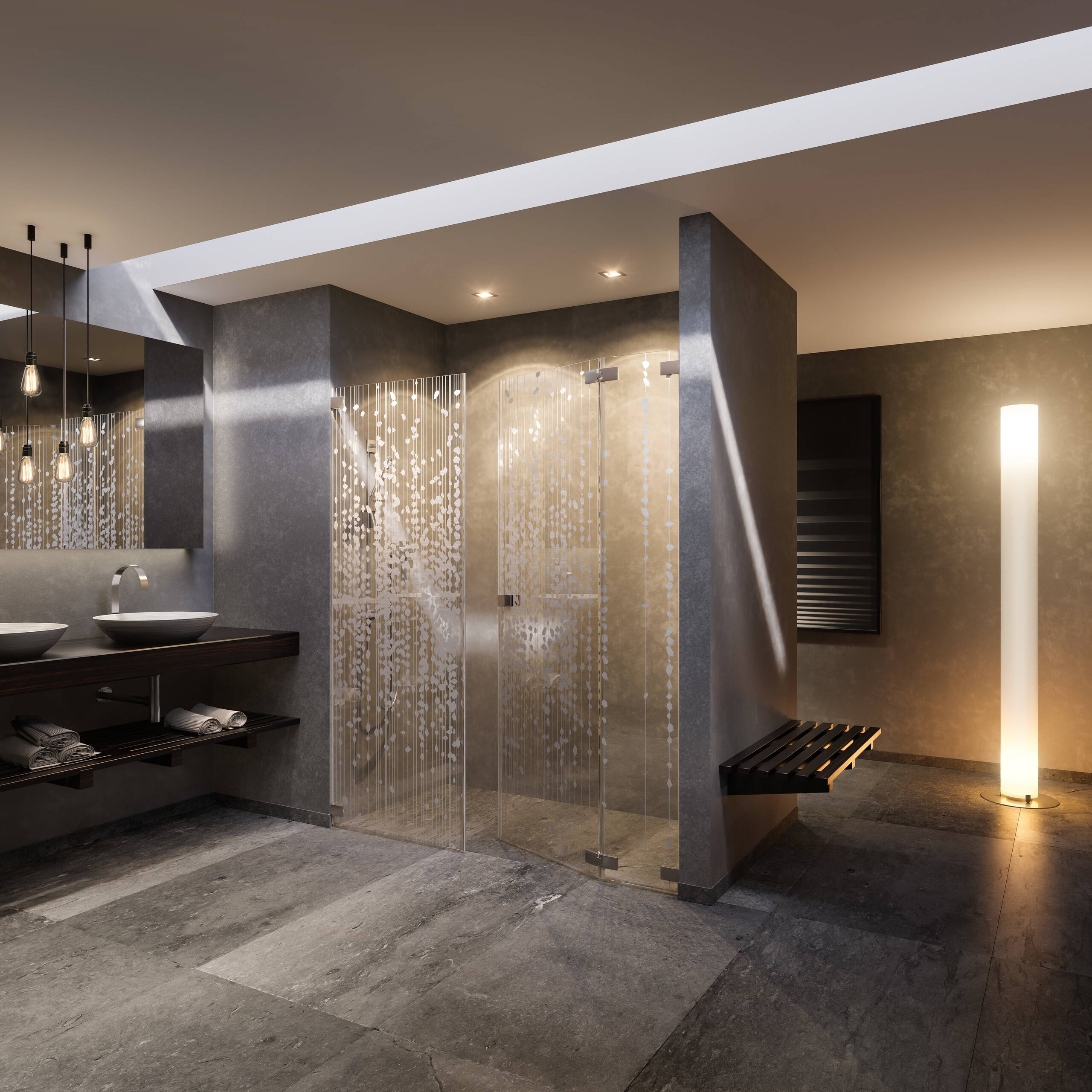 Swissdouche Glas Trösch warme Stimmung, Produktvisualisierungen, Raumvisualisierungen, 3D Rendering, Raumbilder, Innenvisualisierung