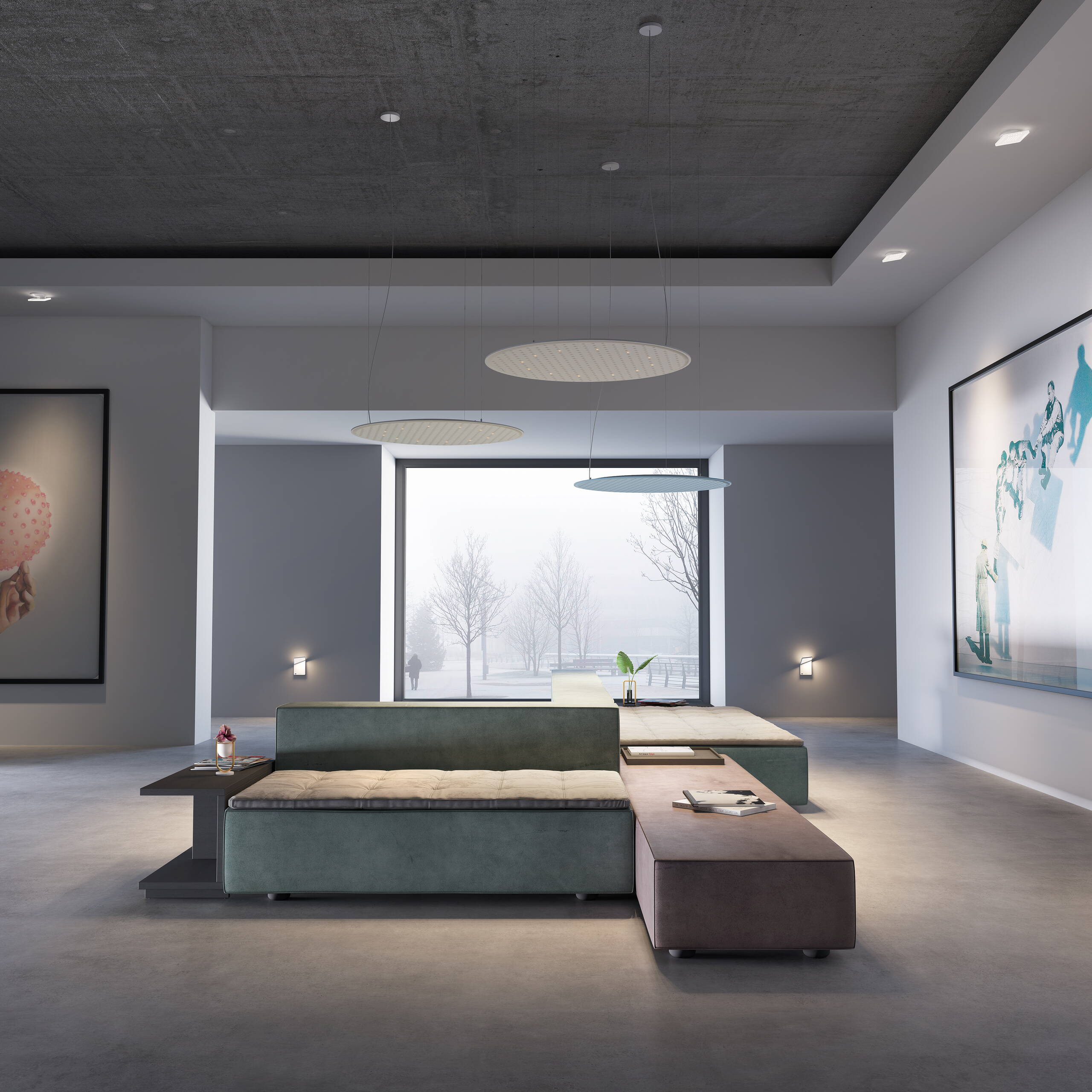 Produktvisualisierungen, Nimbus Lighting Pad, stimmungsvolle Lichtinseln, minimalistisches Pad, Schallabsorber, Innenvisualisierung, Raumbilder, 3D Rendering, virtueller Showroom