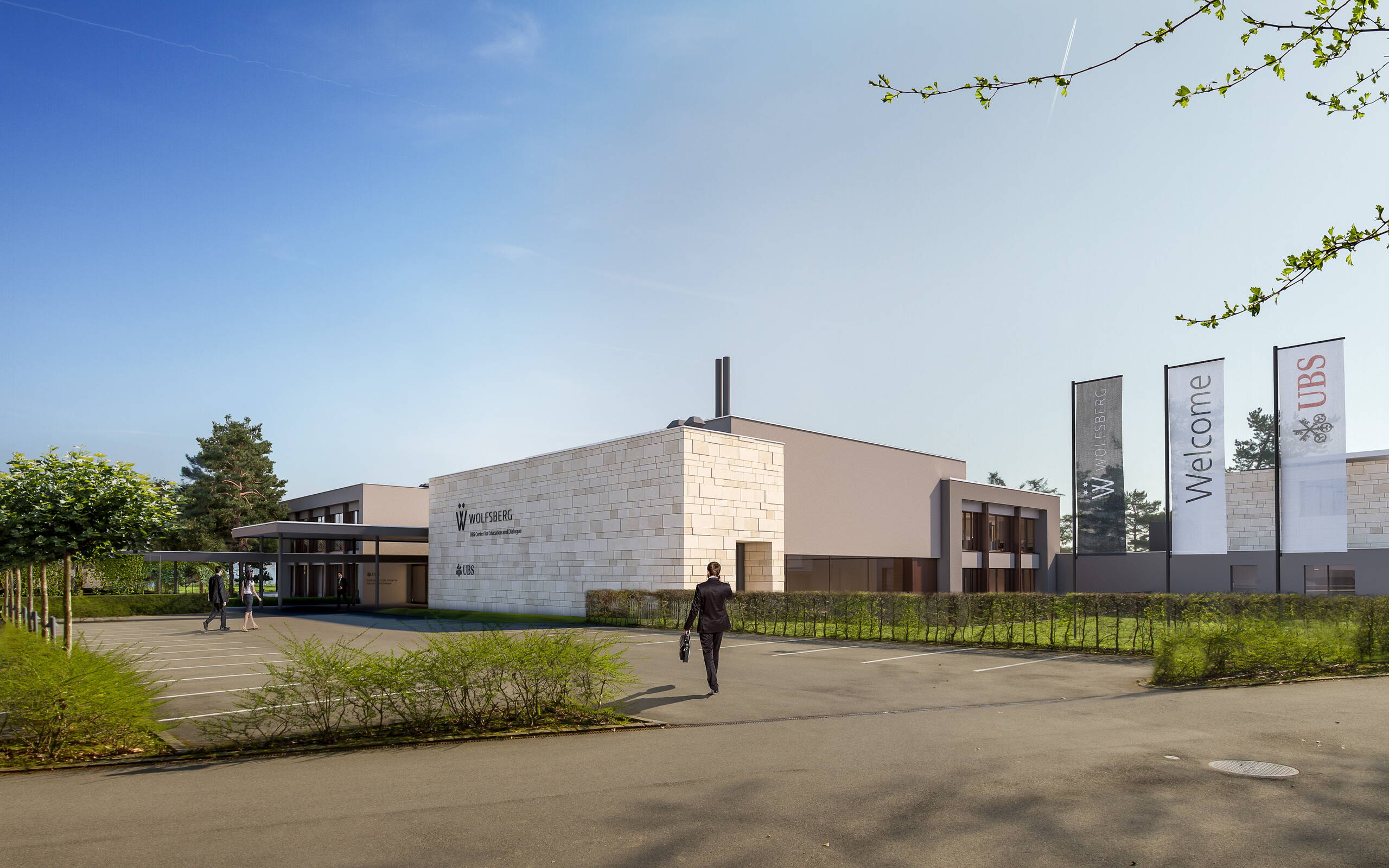 Architekturvisualisierung UBS Wolfsberg Aussenvisualisierung Eingang mit Parkplatz
