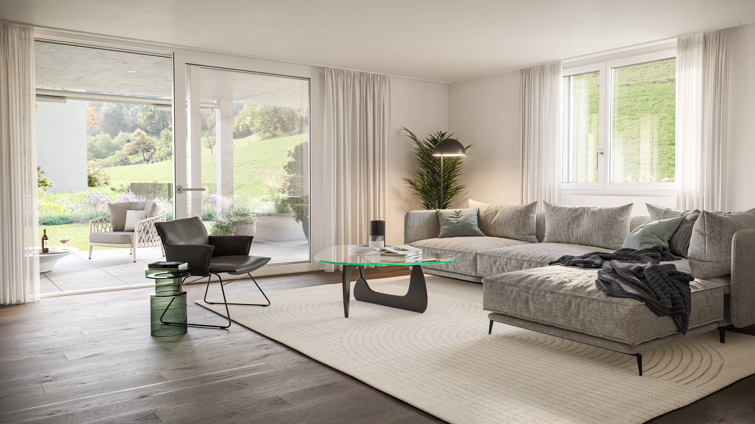 Dorfpark, Riggisberg, MotionPanos, 360° Panoramen, Immobilienvisualisierungen, Architekturvisualisierungen, virtueller Rundgang, RoomFinder, Visualisierung Aussen, Drohnenaufnahmen, Virtuelle Innenarchitektur, Wohnzimmer EG