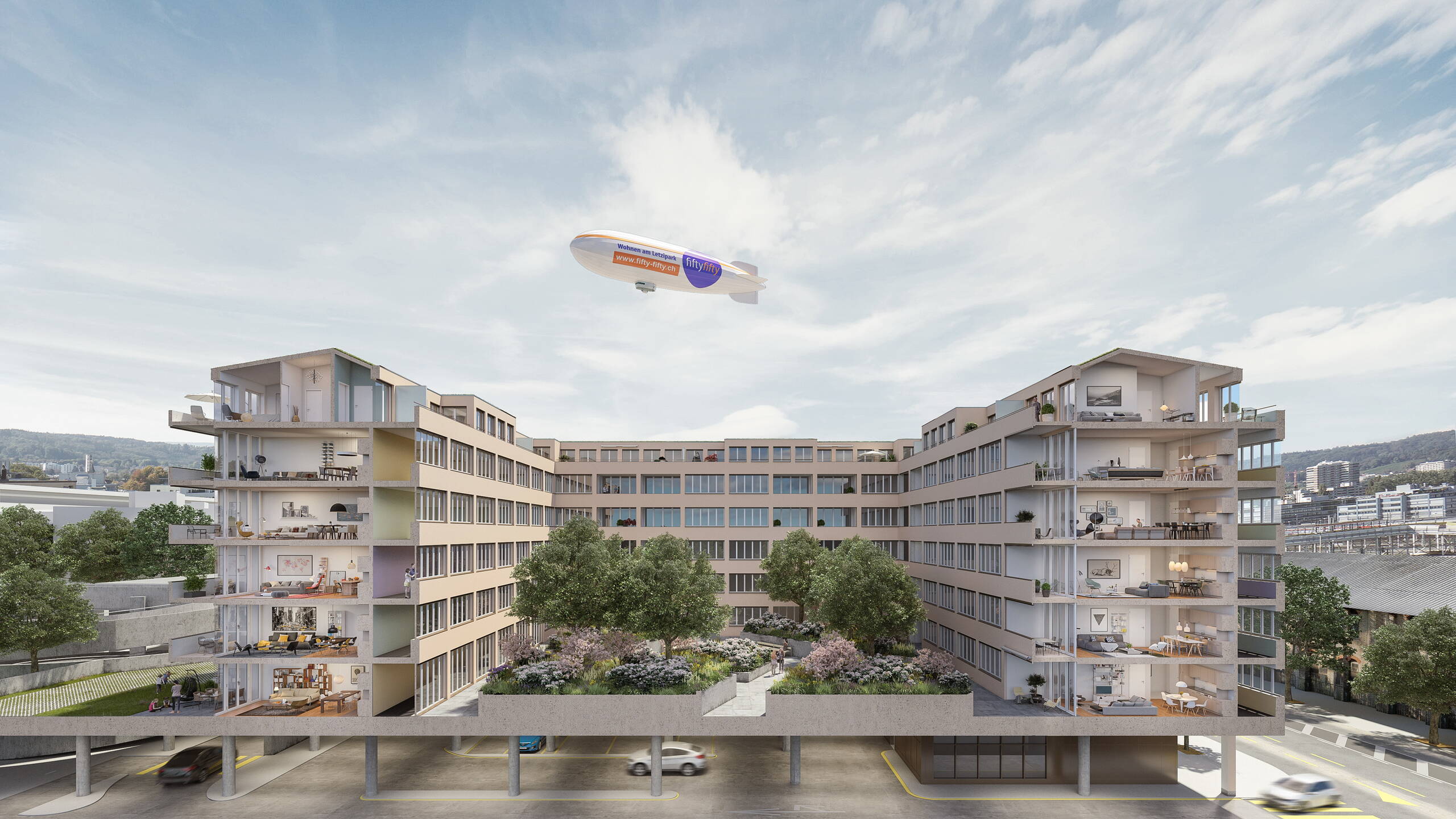 Immobilien Visualisierungen für Livit Projekt Fifty Fifty Innenhof, Architekturvisualisierungen, Aussenvisualisierung, 3D Rendering, Schnitt