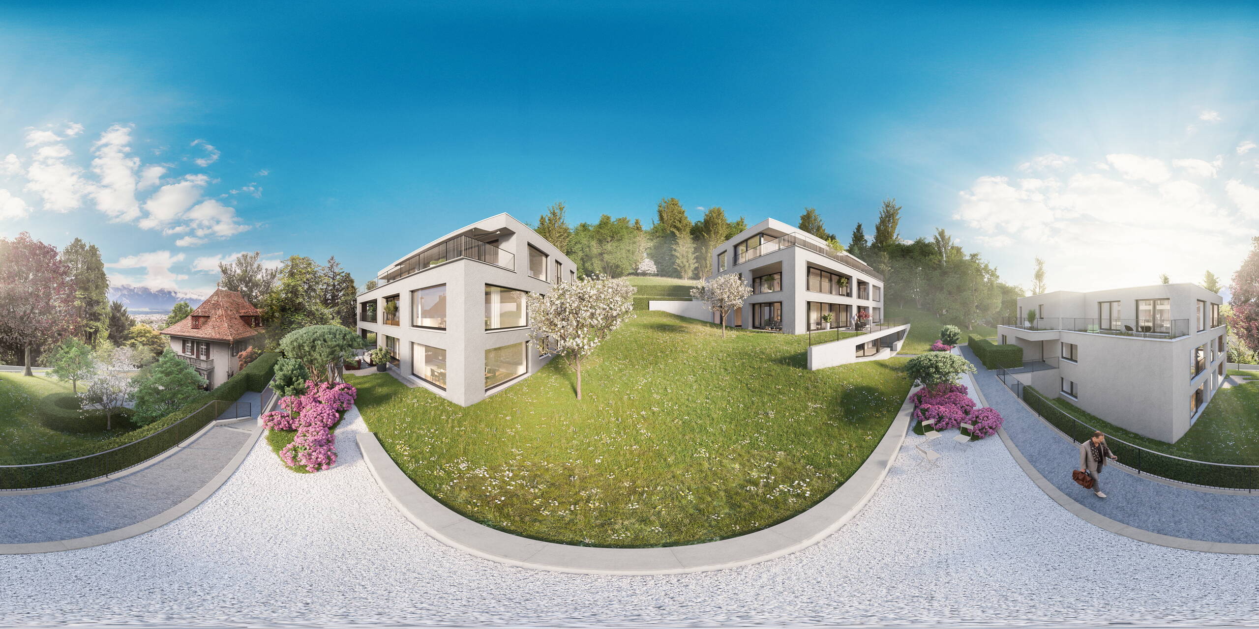 Panoramatour, Aussenbereich, Schönegg Thun, Aussenvisualisierung, Architekturvisualisierung, 3D Rendering, 360° Panorama, Panoramatour