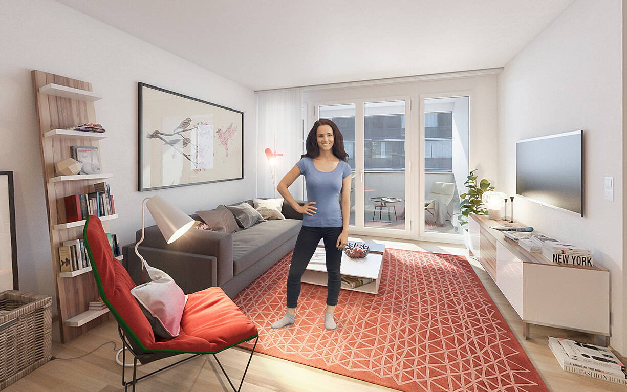 Immobilien Visualisierungen für Livit Projekt Fifty-Fifty, Real gefilmte Person, Architekturvisualisierungen, 360° Panorama, Innenvisualisierung, 3D Rendering, Raumbilder