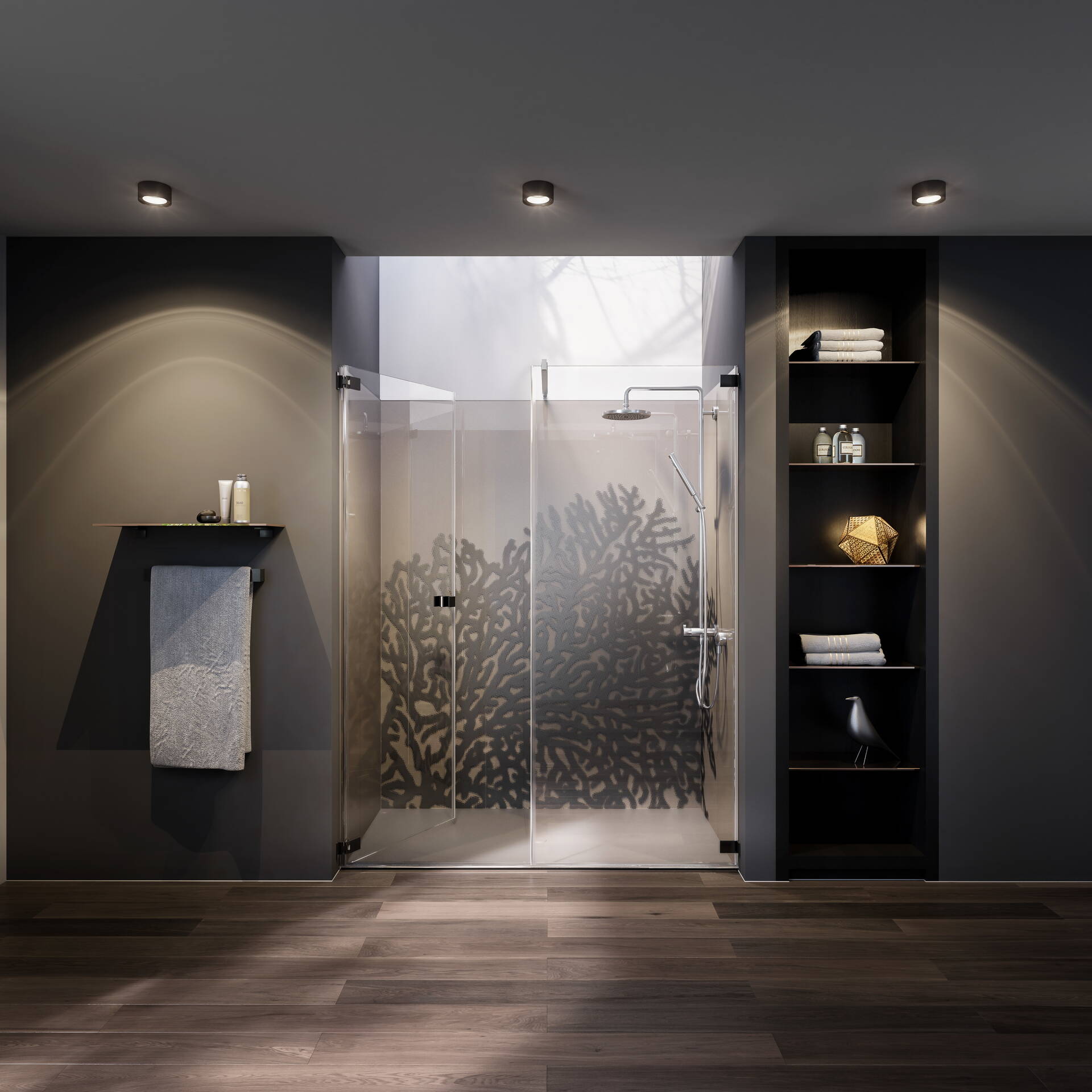 Swissdouche Glas Trösch antrazith, Produktvisualisierungen, Raumvisualisierungen, 3D Rendering, Raumbilder, Innenvisualisierung