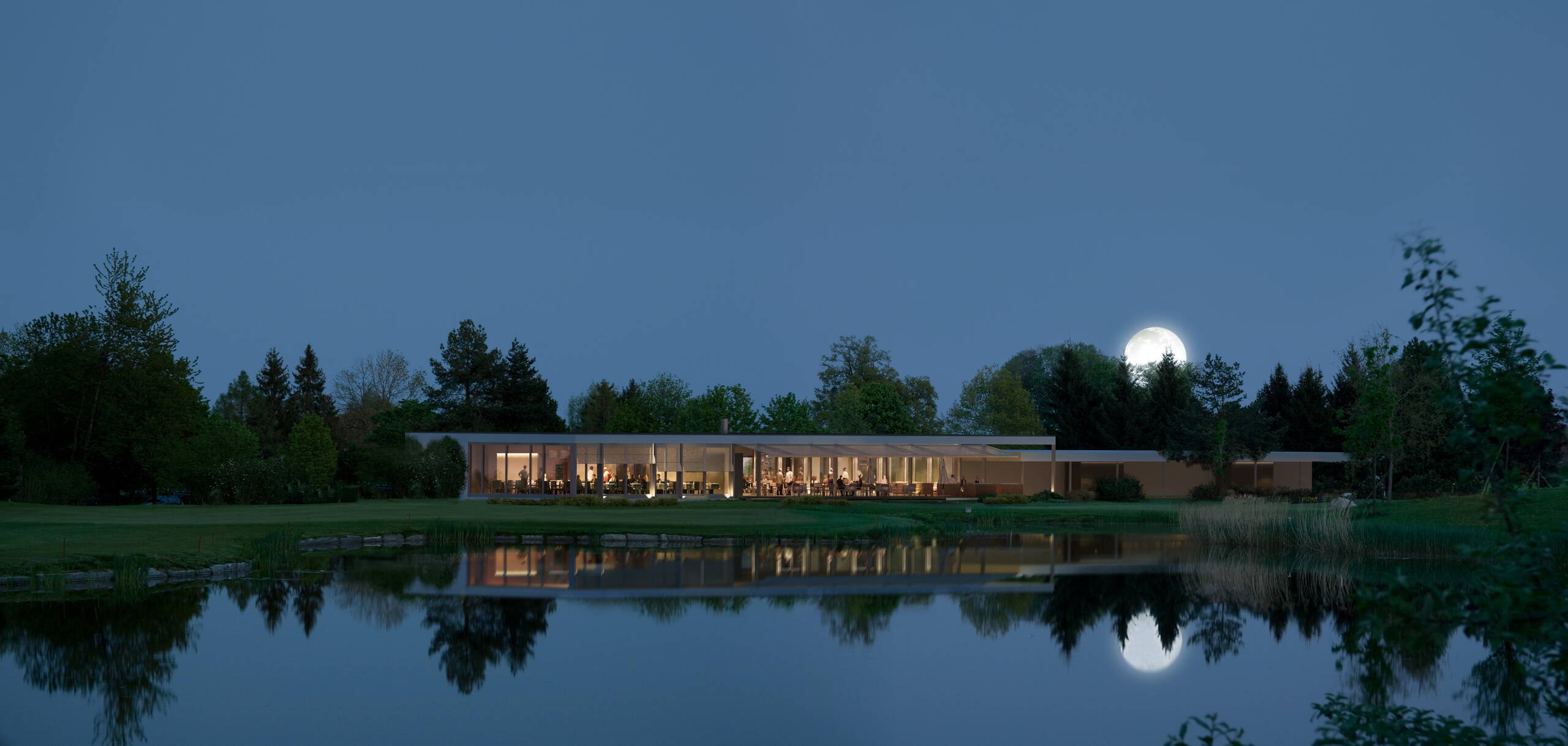 Golfclub Breitenloo, Seesicht bei Nacht, Architekturvisualisierung, Golfclub Nürensdorf, Aussenvisualisierung, 3D Rendering
