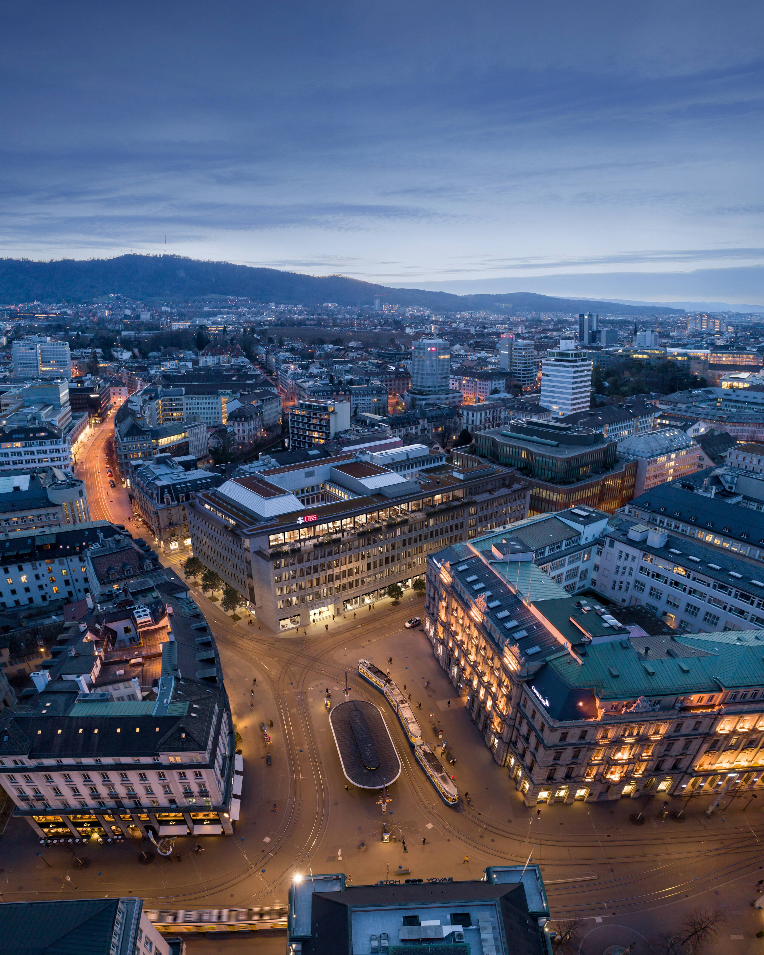 Architekturvisualisierungen, Aussenbereich, Dämmerung, Stadt, Drohnenaufnahmen