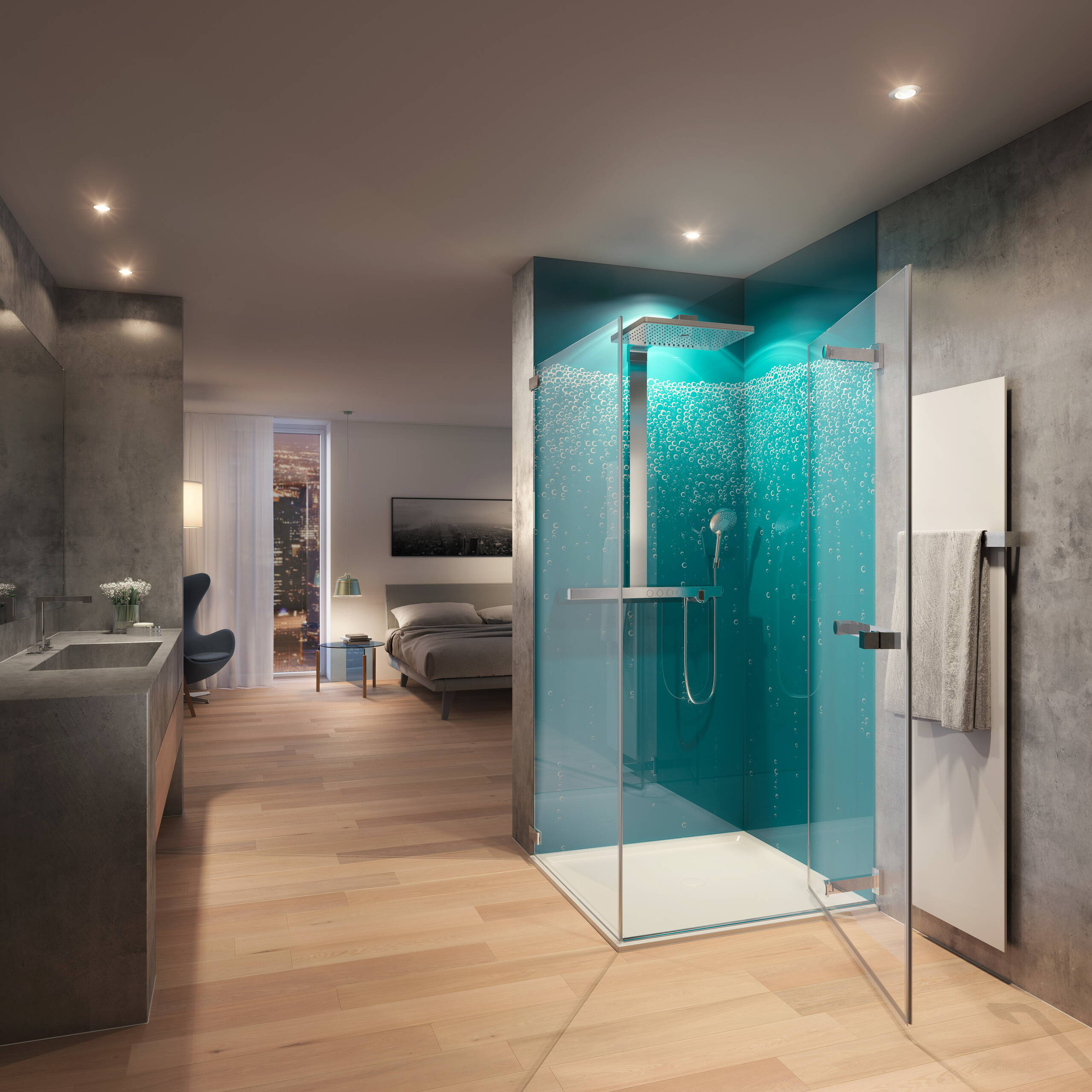 Swissdouche Glas Trösch blaue Rückwand, Produktvisualisierungen, Raumvisualisierungen, 3D Rendering, Raumbilder, Innenvisualisierung