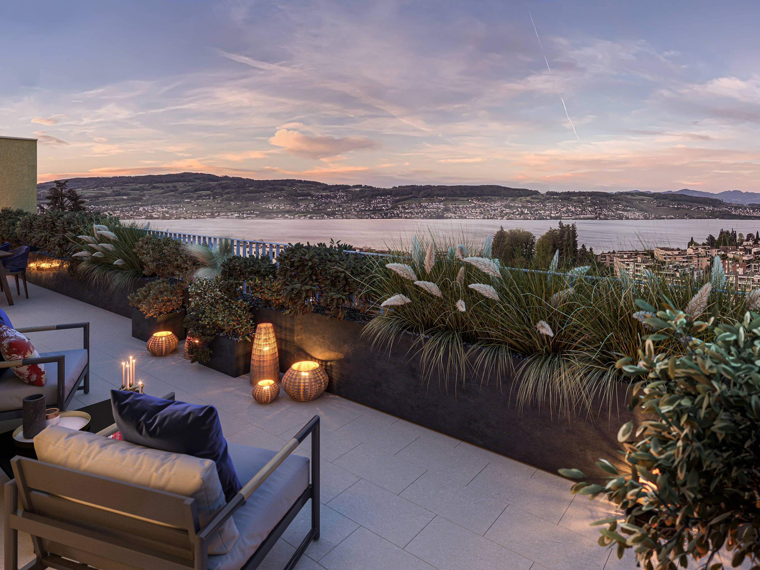 Hangenmoos Überbauung in Wädenswil, Terrasse mit Seeblick, Immobilienvisualisierungen