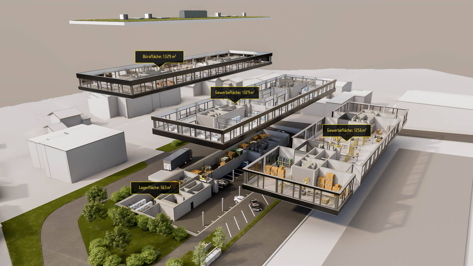 3D Animation, Zürich, Leuthard Explosionszeichnung, Architekturvisualisierung, Gewerbeflächen, Büroflächen, Lagerflächen, 3D Rendering