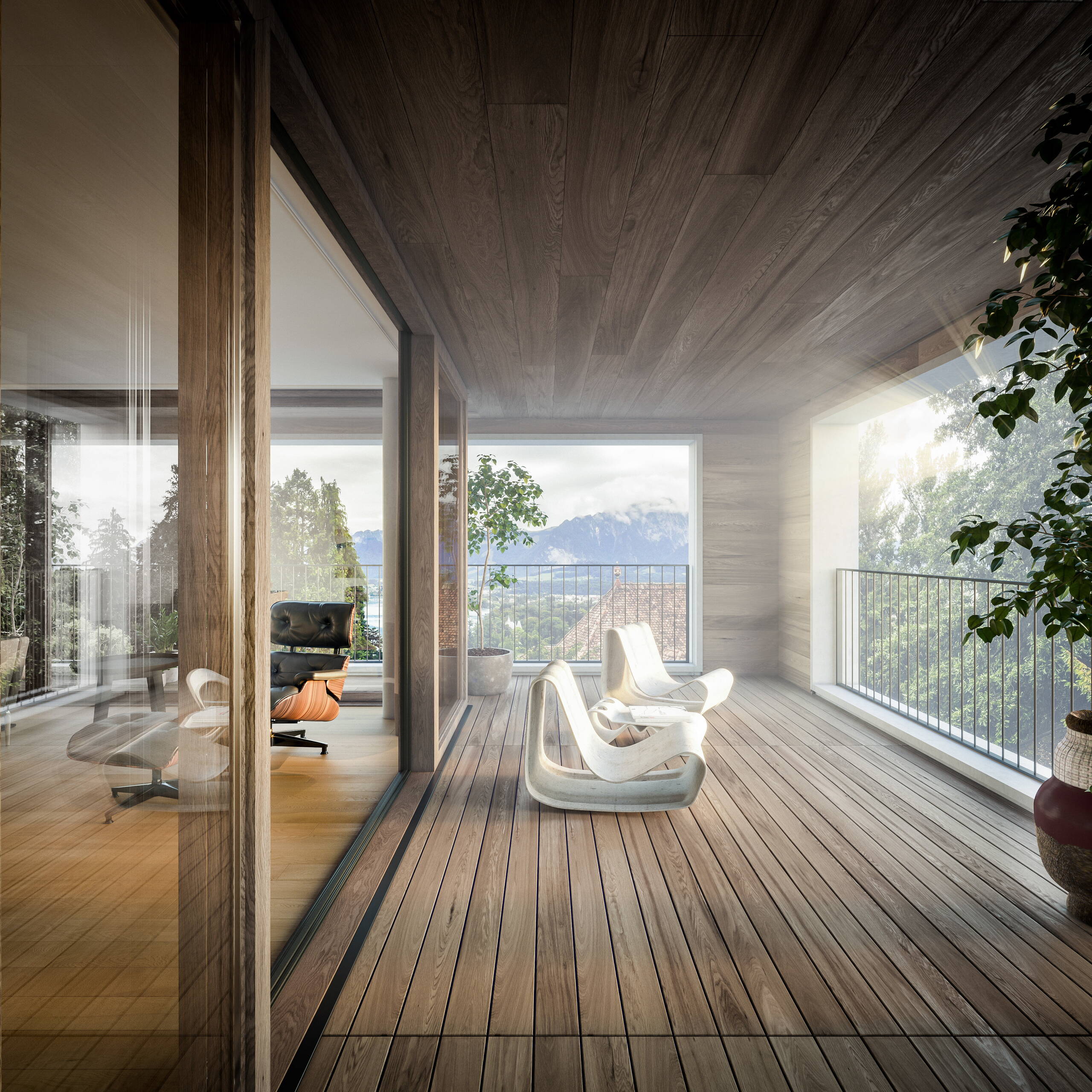 Architekturvisualisierung, Terrassenansicht, Schönegg Thun, Aussenvisualisierung, 3D Rendering, Raumbilder