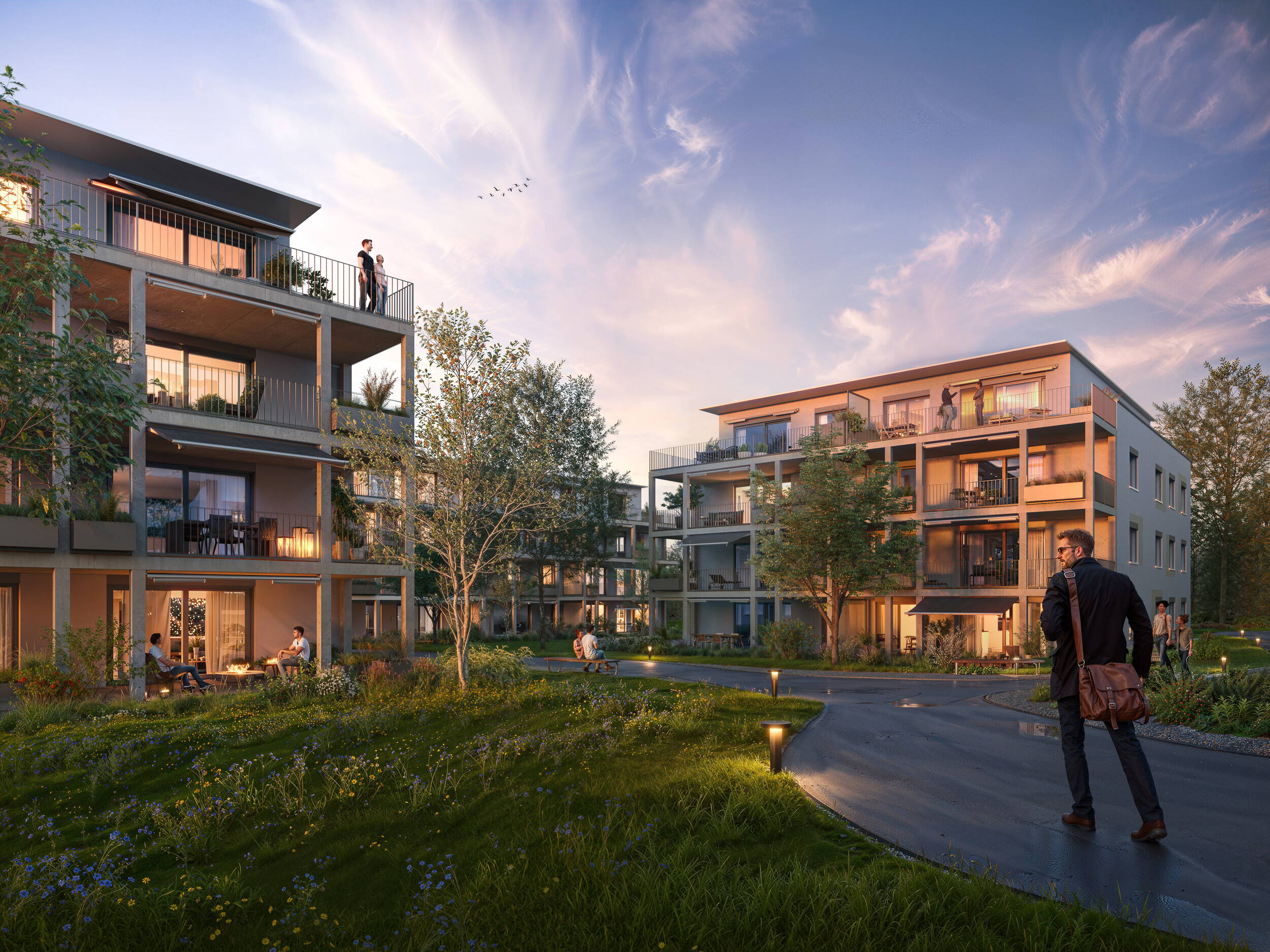 Dorfpark, Riggisberg, MotionPanos, 360° Panoramen, Immobilienvisualisierungen, Architekturvisualisierungen, virtueller Rundgang, RoomFinder, Visualisierung Aussen, Drohnenaufnahmen, Virtuelle Innenarchitektur, Aussenbild bei Dämmerung