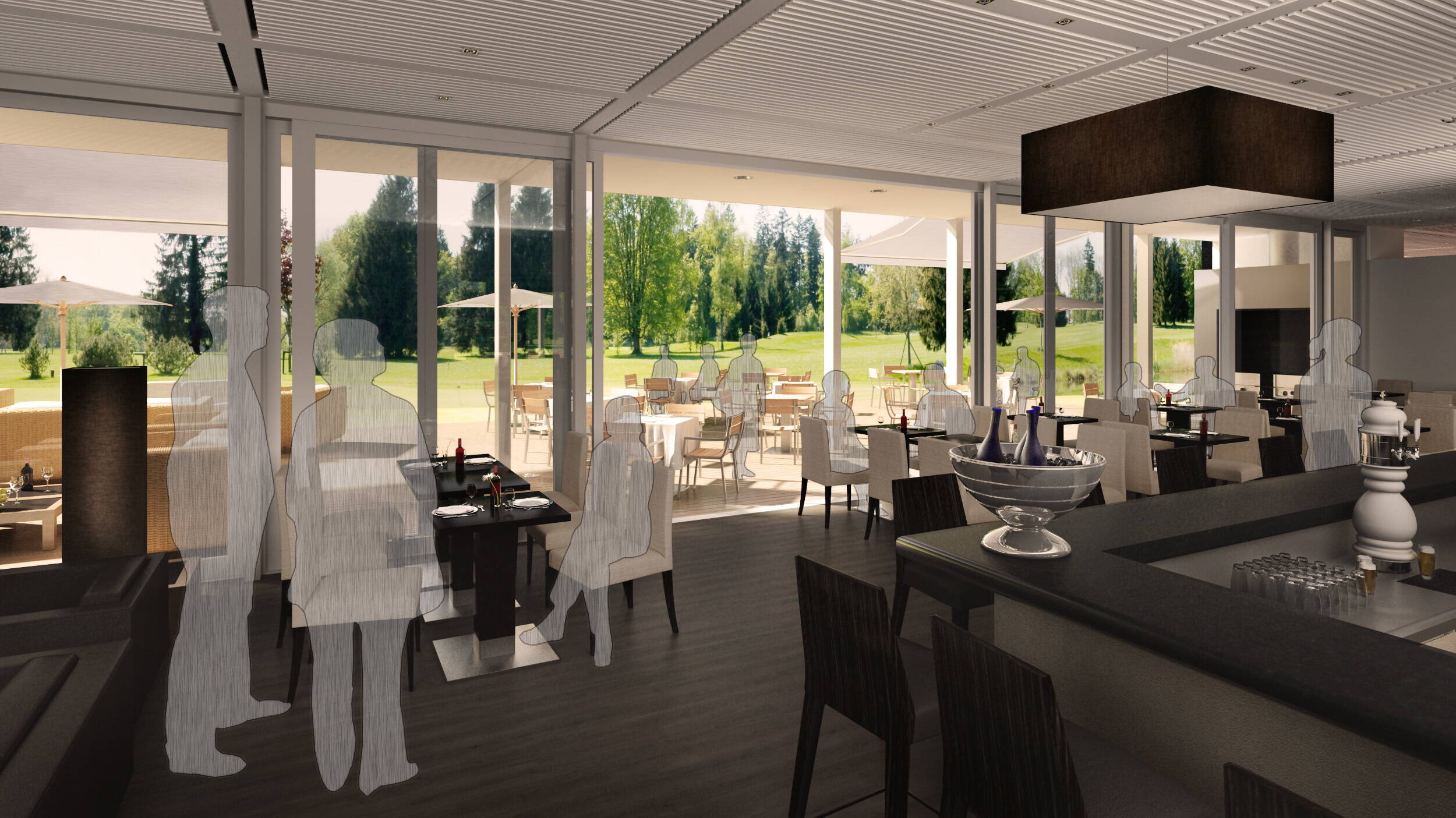 Golfclub Breitenloo Bar, Architekturvisualisierung, Golfclub Nürensdorf, Innenvisualisierung, 3D Rendering, Raumbilder