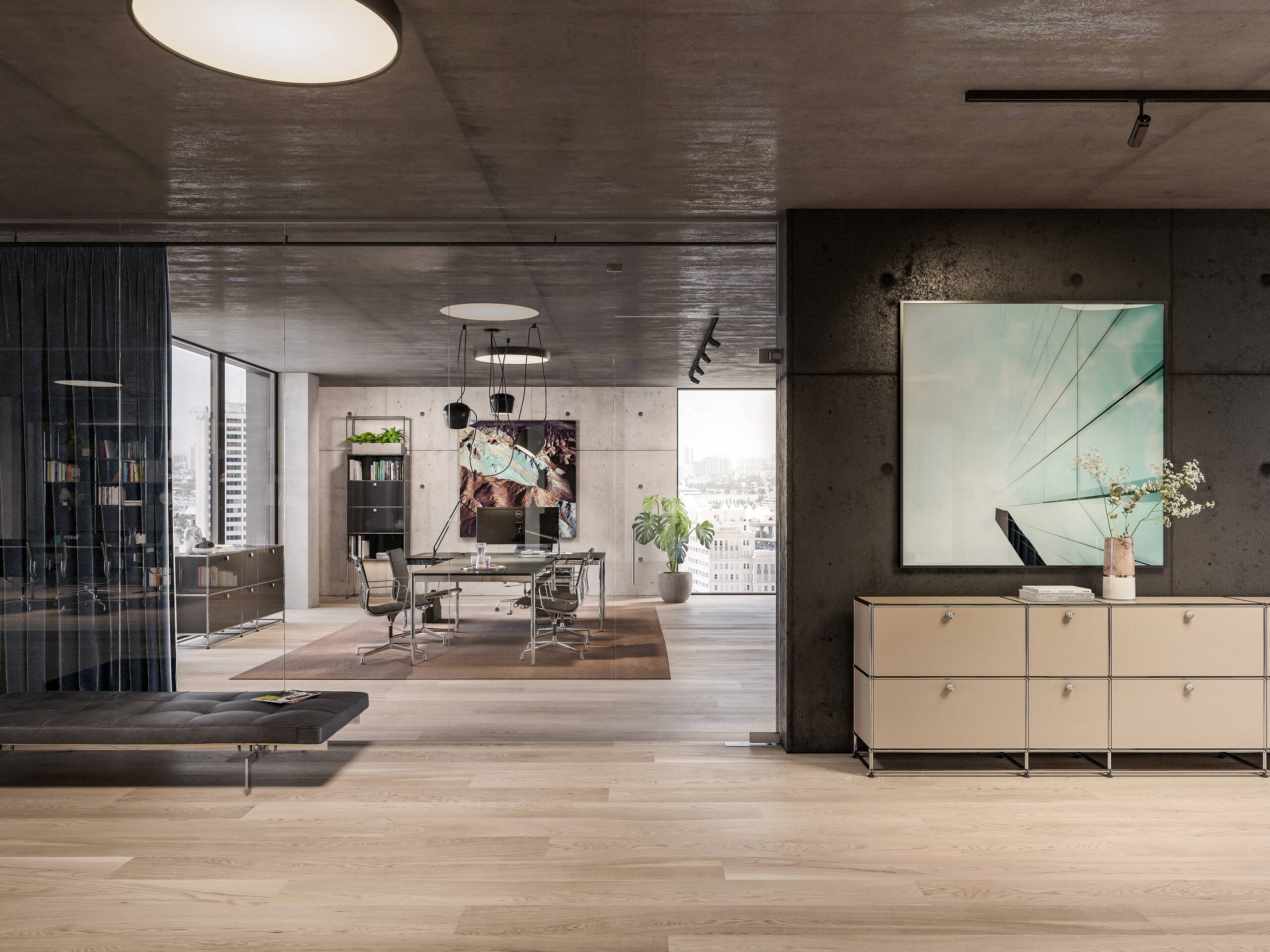 Produktvisualisierungen, Innenvisualisierung, 3D Rendering, virtueller Showroom, USM Office Umgebung, modulares Möbeldesign, Raumvisualisierungen, Raumbilder