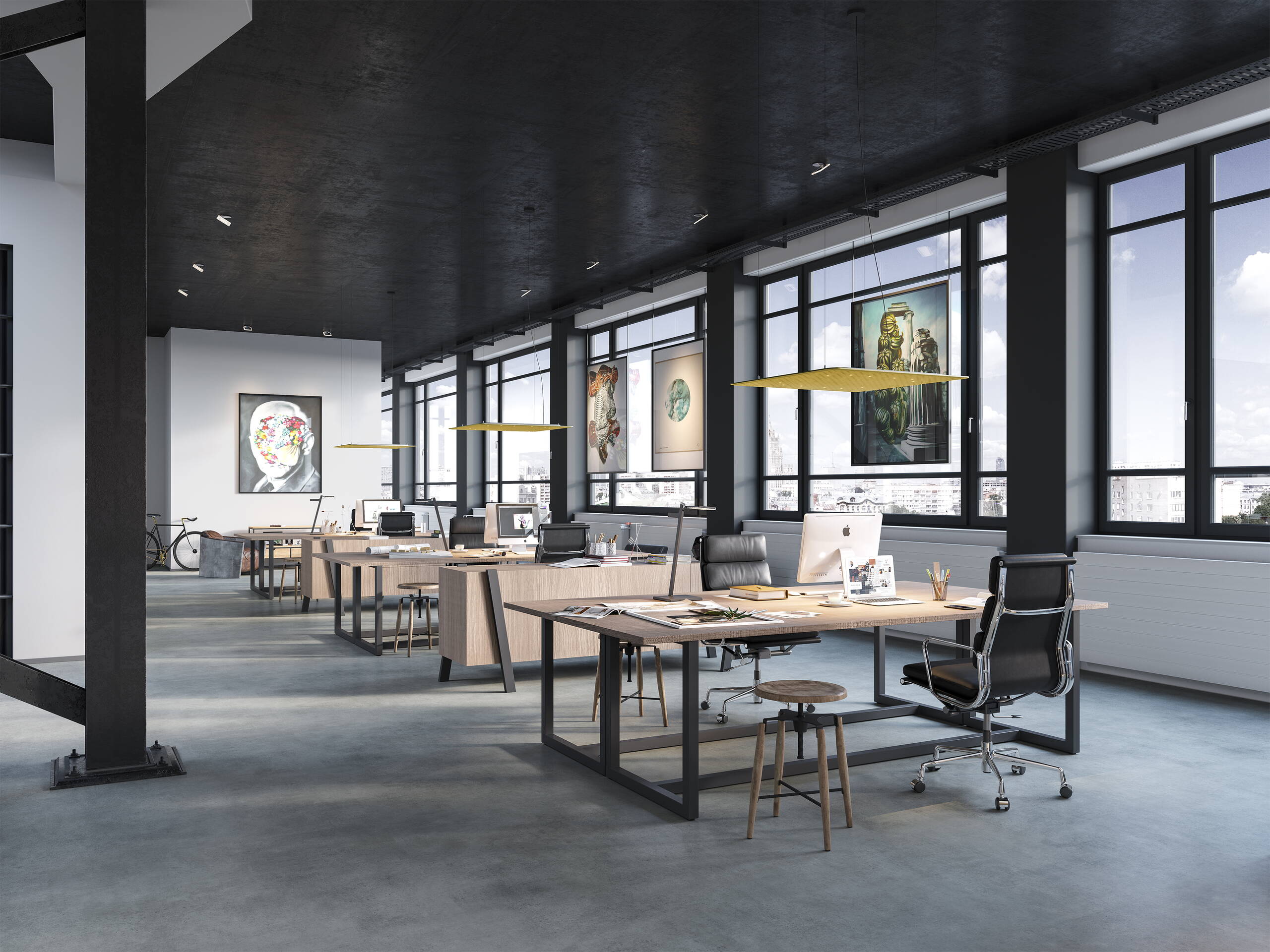 Produktvisualisierungen, Nimbus Lighting Pad, stimmungsvolle Lichtinseln, minimalistisches Pad, Schallabsorber, Innenvisualisierung, Raumbilder, 3D Rendering, virtueller Showroom